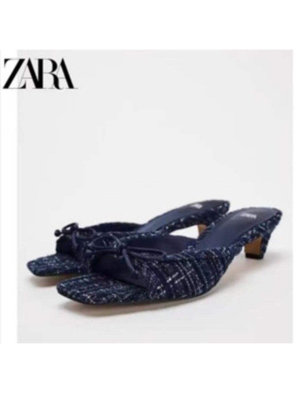 ZARA Blue Tweed Kitten Heel Mules Bow Detail Slip On Shoes Women Size 39EU8.5 US